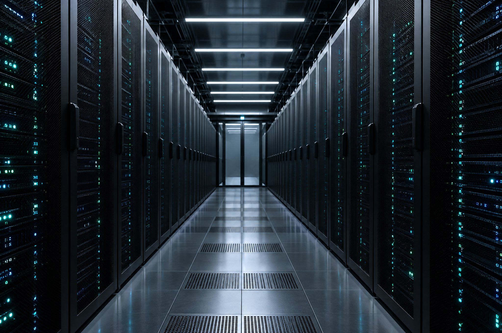 Gang met donkere serverracks en kleine turquoise statuslampjes