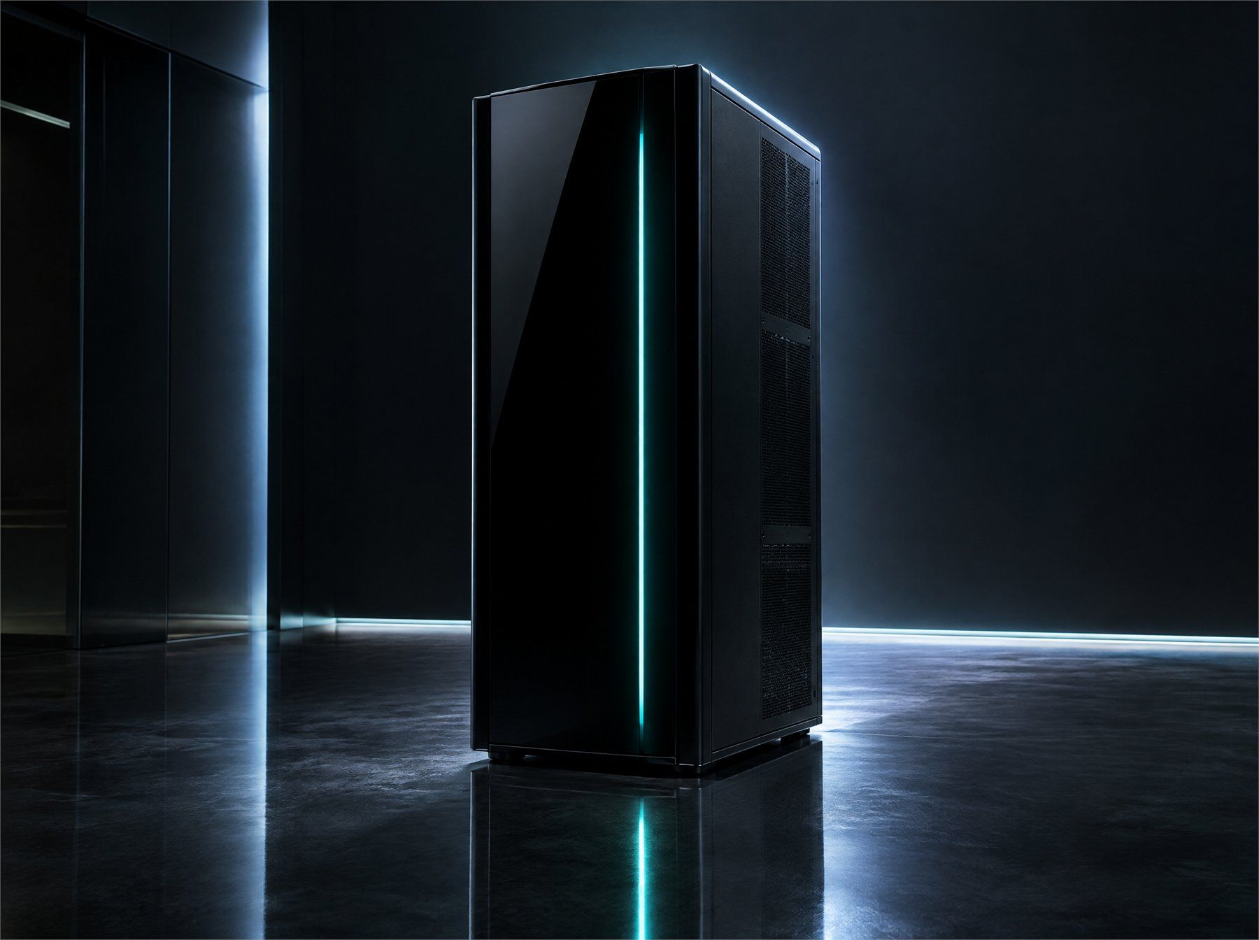 Glanzende zwarte servertoren met een dunne turquoise lichtstrip