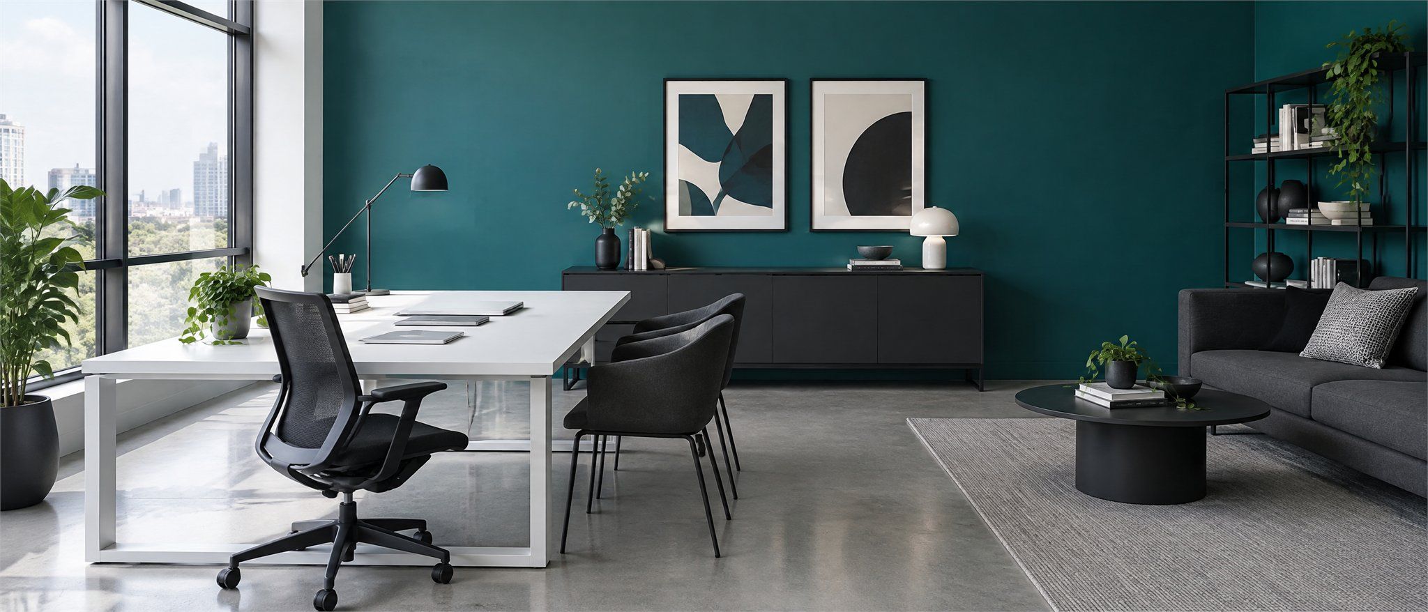 Studio-interieur met een turquoise muur, antracietgrijze meubels en een lange witte werktafel