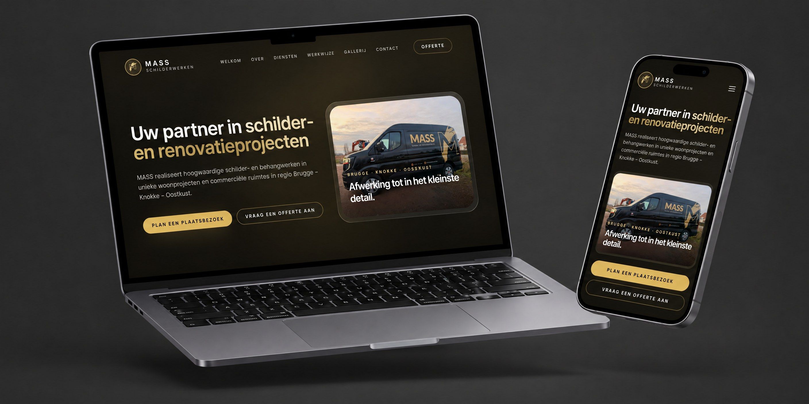 Laptop en telefoon met de website van MASS Schilderwerken